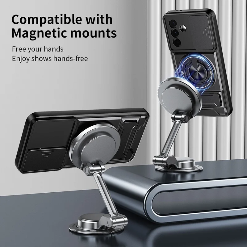 For Samsung Galaxy A36 5G Magnetic Case Ring Holder Foldable Kickstand TPU PC Phone Cover with Camera Lens Slider - Black