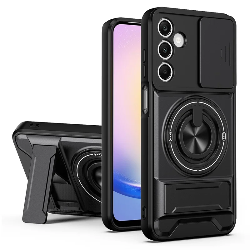 For Samsung Galaxy A25 5G (Global) (161mm) Magnetic Case Ring Holder Foldable Kickstand TPU PC Phone Cover with Camera Lens Slider - Black