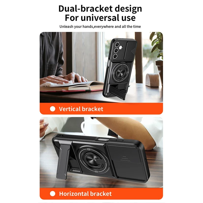 For Samsung Galaxy A25 5G (Global) (161mm) Magnetic Case Ring Holder Foldable Kickstand TPU PC Phone Cover with Camera Lens Slider - Black