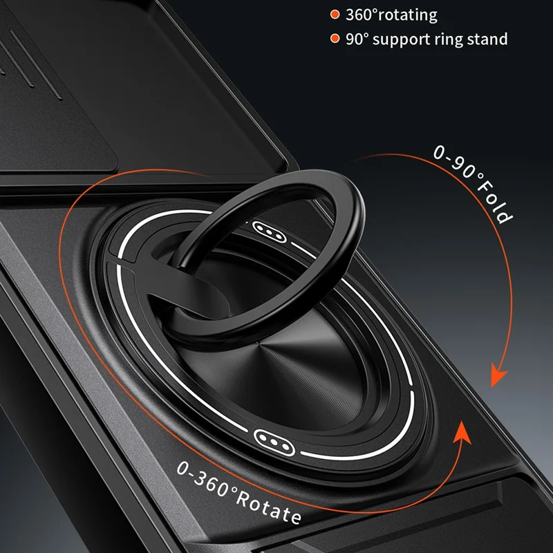 For Samsung Galaxy A25 5G (Global) (161mm) Magnetic Case Ring Holder Foldable Kickstand TPU PC Phone Cover with Camera Lens Slider - Black