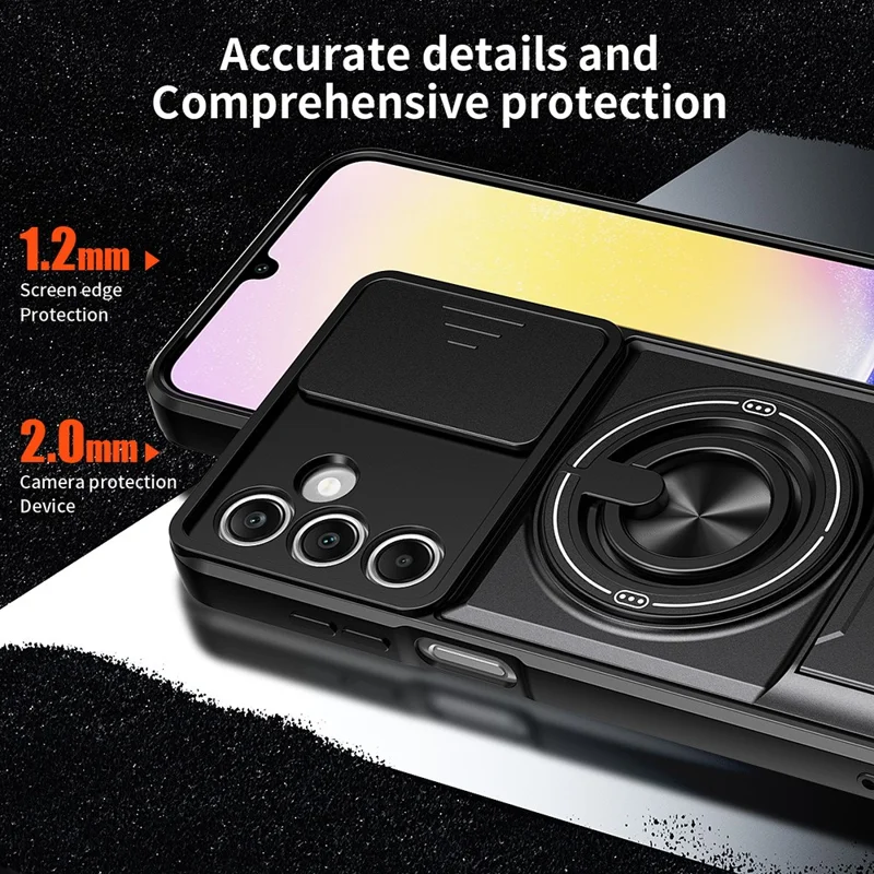 For Samsung Galaxy A25 5G (Global) (161mm) Magnetic Case Ring Holder Foldable Kickstand TPU PC Phone Cover with Camera Lens Slider - Black