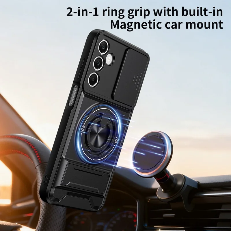 For Samsung Galaxy A25 5G (Global) (161mm) Magnetic Case Ring Holder Foldable Kickstand TPU PC Phone Cover with Camera Lens Slider - Black