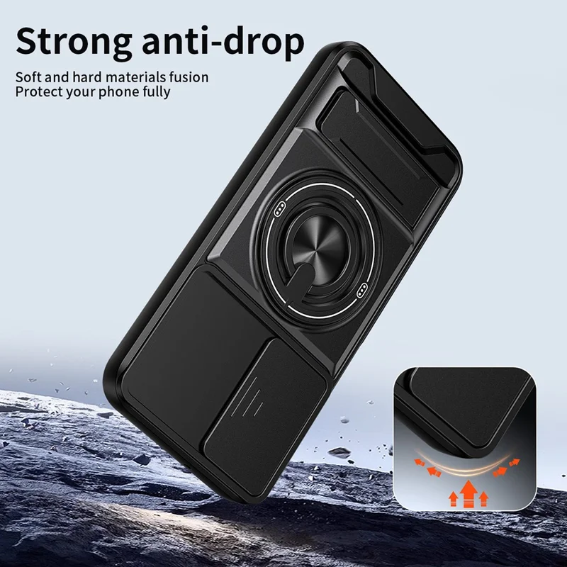 For Samsung Galaxy A25 5G (Global) (161mm) Magnetic Case Ring Holder Foldable Kickstand TPU PC Phone Cover with Camera Lens Slider - Black