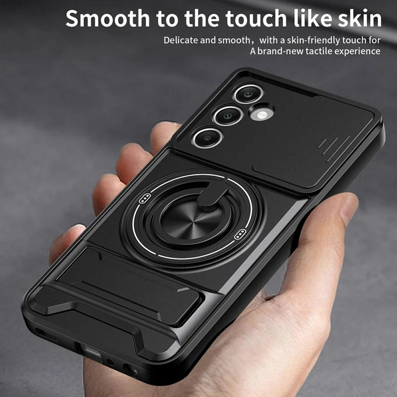 For Samsung Galaxy A25 5G (Global) (161mm) Magnetic Case Ring Holder Foldable Kickstand TPU PC Phone Cover with Camera Lens Slider - Black