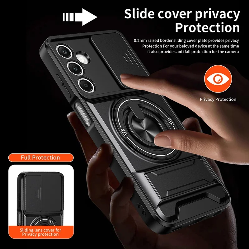 For Samsung Galaxy A25 5G (Global) (161mm) Magnetic Case Ring Holder Foldable Kickstand TPU PC Phone Cover with Camera Lens Slider - Black
