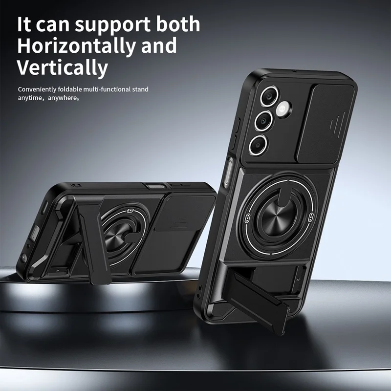 For Samsung Galaxy A25 5G (Global) (161mm) Magnetic Case Ring Holder Foldable Kickstand TPU PC Phone Cover with Camera Lens Slider - Black