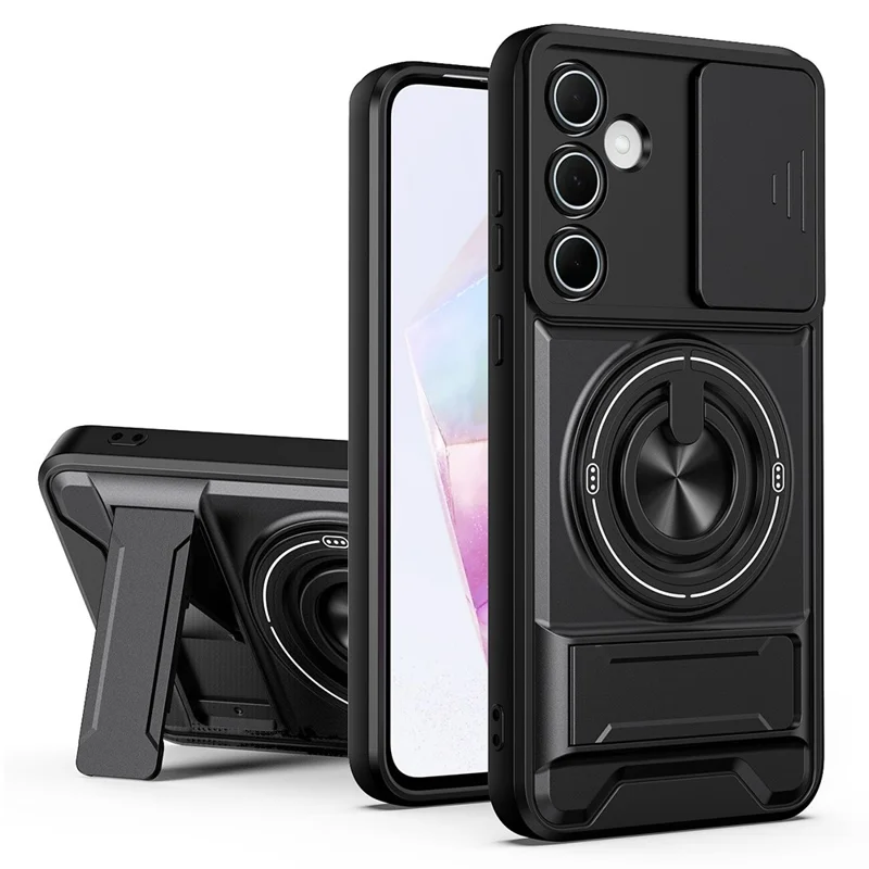 For Samsung Galaxy A55 5G Magnetic Case Ring Holder Foldable Kickstand TPU PC Phone Cover with Camera Lens Slider - Black