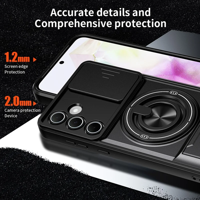 For Samsung Galaxy A55 5G Magnetic Case Ring Holder Foldable Kickstand TPU PC Phone Cover with Camera Lens Slider - Black