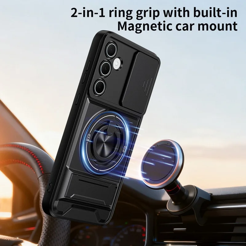 For Samsung Galaxy A55 5G Magnetic Case Ring Holder Foldable Kickstand TPU PC Phone Cover with Camera Lens Slider - Black