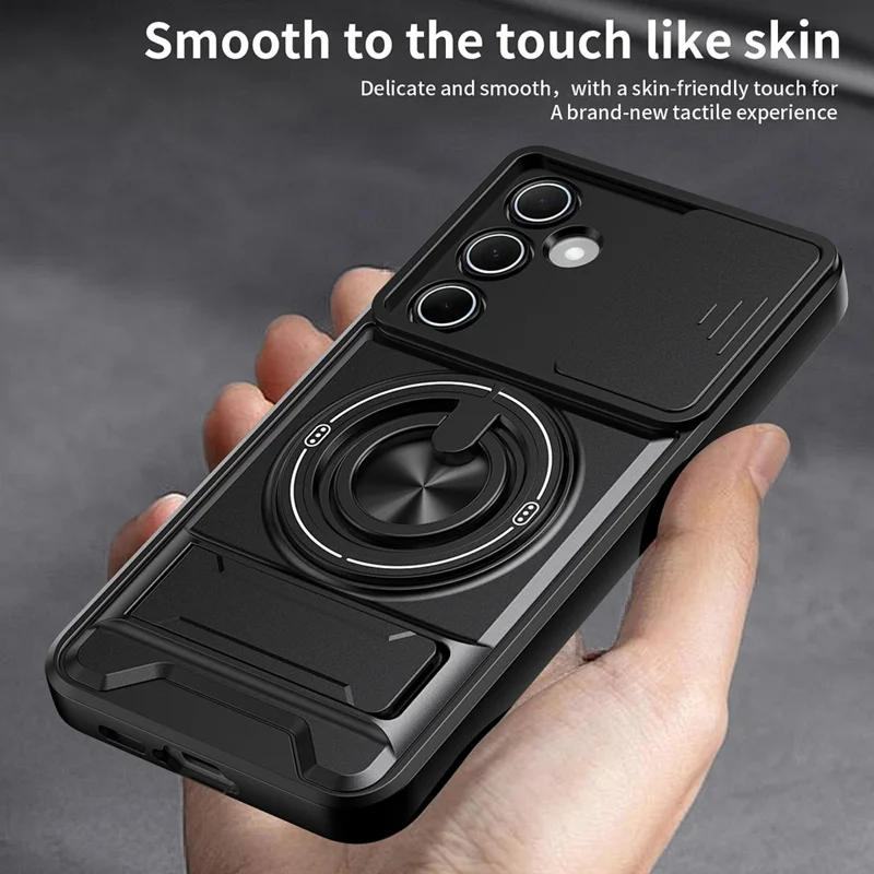 For Samsung Galaxy A55 5G Magnetic Case Ring Holder Foldable Kickstand TPU PC Phone Cover with Camera Lens Slider - Black