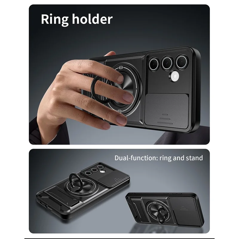 For Samsung Galaxy A55 5G Magnetic Case Ring Holder Foldable Kickstand TPU PC Phone Cover with Camera Lens Slider - Black