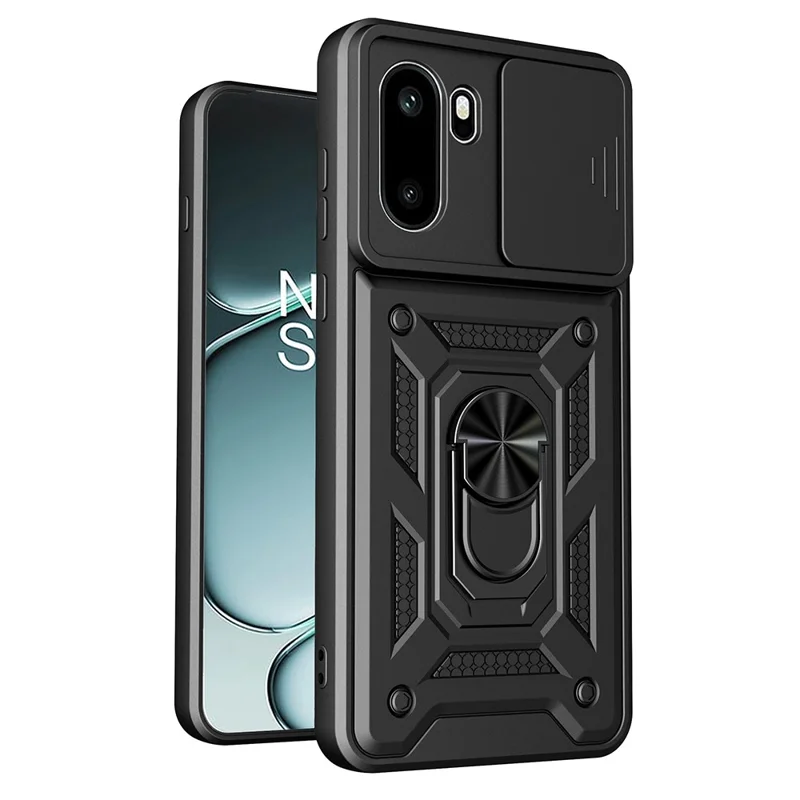 For OnePlus 15R 5G Case with Slide Camera Lid PC + TPU Kickstand Phone Cover - Black