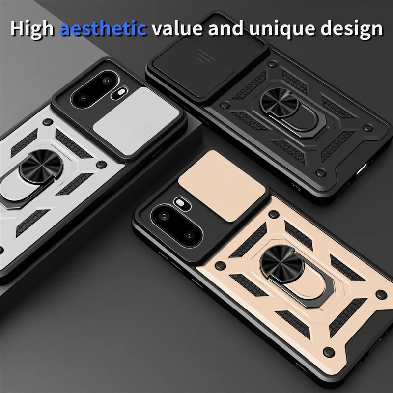 For OnePlus 15R 5G Case with Slide Camera Lid PC + TPU Kickstand Phone Cover - Black