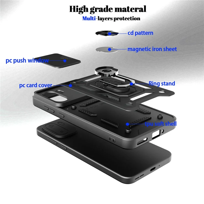 For OnePlus 15R 5G Case with Slide Camera Lid PC + TPU Kickstand Phone Cover - Black