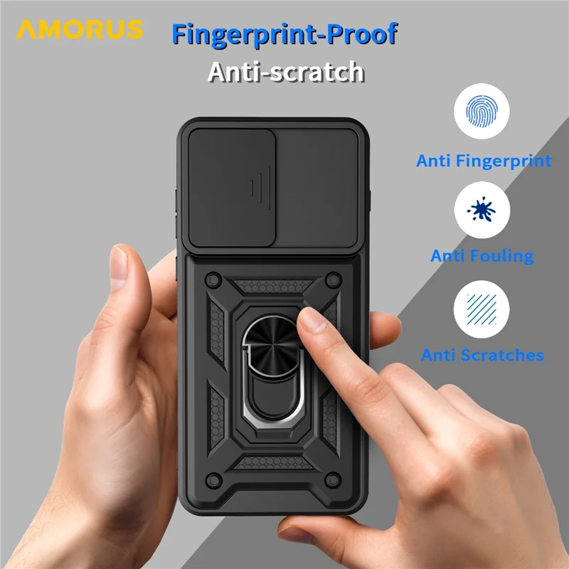 AMORUS For OnePlus 15R 5G Case Kickstand PC + TPU Phone Cover with Camera Lens Slider - Black