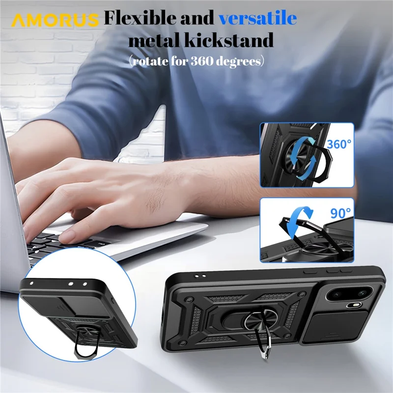 AMORUS For OnePlus 15R 5G Case Kickstand PC + TPU Phone Cover with Camera Lens Slider - Black