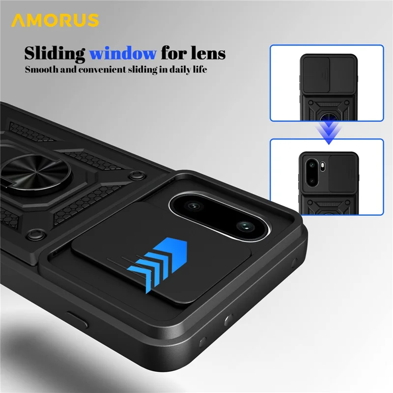 AMORUS For OnePlus 15R 5G Case Kickstand PC + TPU Phone Cover with Camera Lens Slider - Black