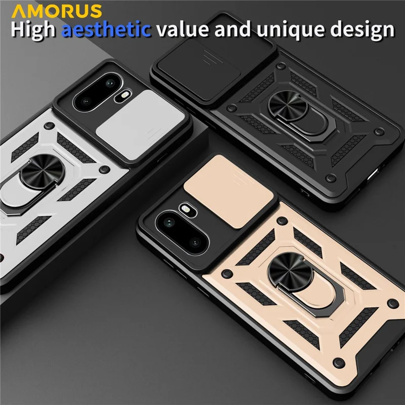 AMORUS For OnePlus 15R 5G Case Kickstand PC + TPU Phone Cover with Camera Lens Slider - Black