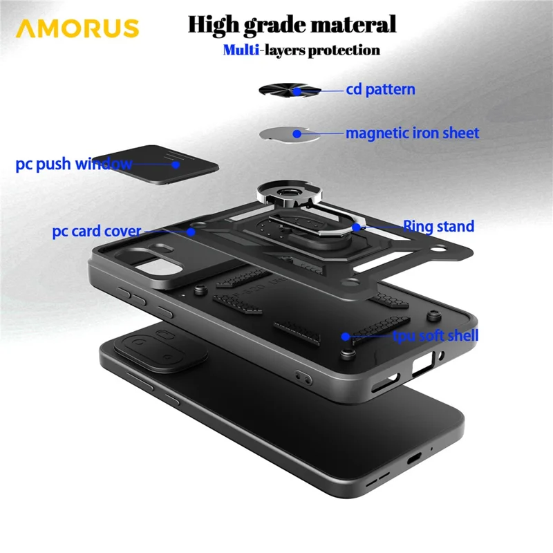 AMORUS For OnePlus 15R 5G Case Kickstand PC + TPU Phone Cover with Camera Lens Slider - Black