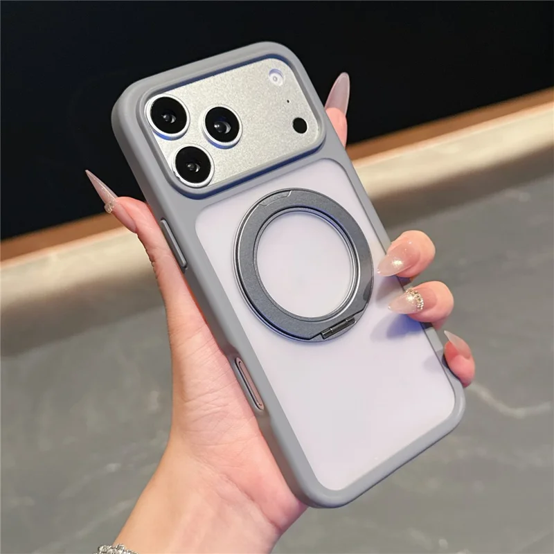 For iPhone 17 Pro Magnetic Case with Rotating Kickstand TPU PC Skin Touch Phone Cover - Grey