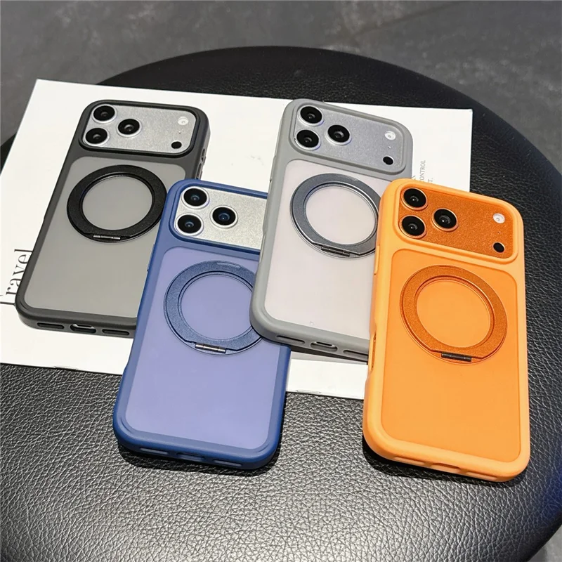 For iPhone 17 Pro Magnetic Case with Rotating Kickstand TPU PC Skin Touch Phone Cover - Grey