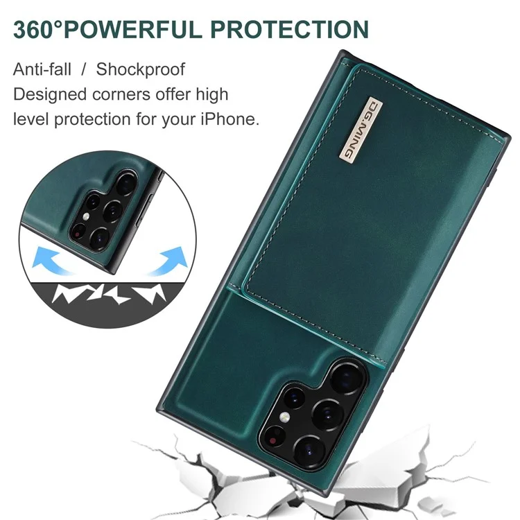 DG.MING M1 Series Wallet Phone Case for Samsung Galaxy S23 Ultra Anti-Drop Phone Shell PU Leather Coated Shockproof Cover with Kickstand - Green