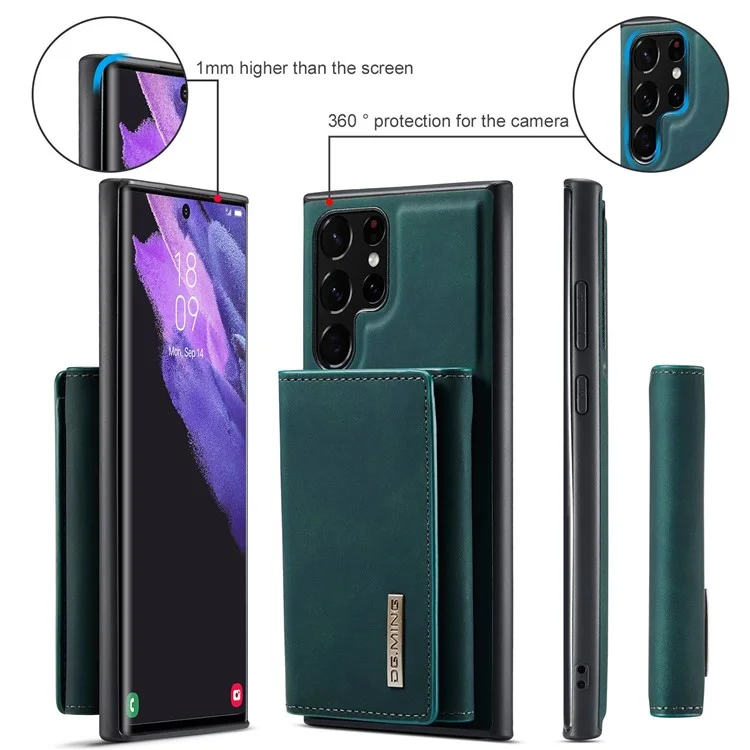 DG.MING M1 Series Wallet Phone Case for Samsung Galaxy S23 Ultra Anti-Drop Phone Shell PU Leather Coated Shockproof Cover with Kickstand - Green