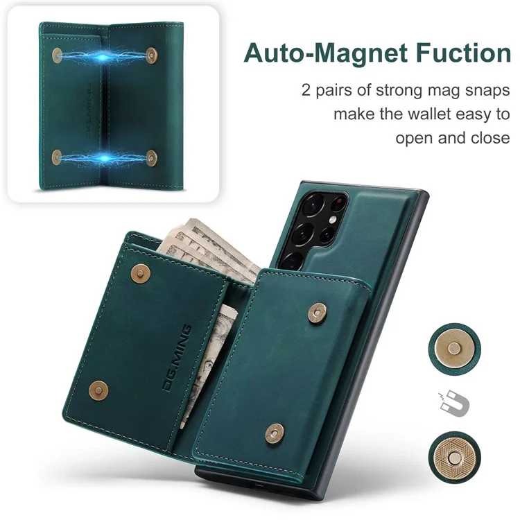 DG.MING M1 Series Wallet Phone Case for Samsung Galaxy S23 Ultra Anti-Drop Phone Shell PU Leather Coated Shockproof Cover with Kickstand - Green