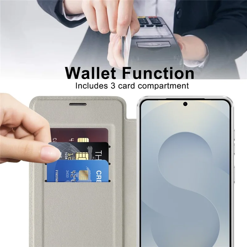 For Samsung Galaxy S26 Magnetic Case RFID Blocking Card Holder Leather Phone Cover with Lens Film - Titanium Grey