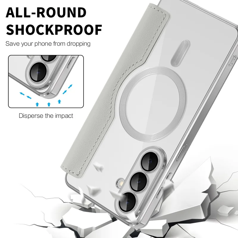 For Samsung Galaxy S26 Magnetic Case RFID Blocking Card Holder Leather Phone Cover with Lens Film - Titanium Grey