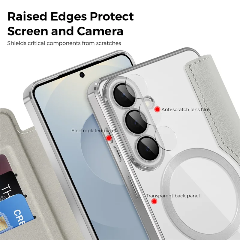 For Samsung Galaxy S26 Magnetic Case RFID Blocking Card Holder Leather Phone Cover with Lens Film - Titanium Grey