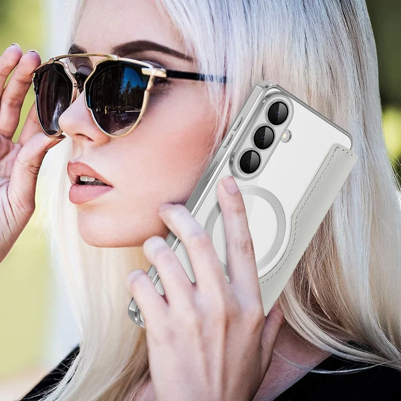 For Samsung Galaxy S26+ Magnetic Case RFID Blocking Card Holder Leather Phone Cover with Lens Film - Titanium Grey