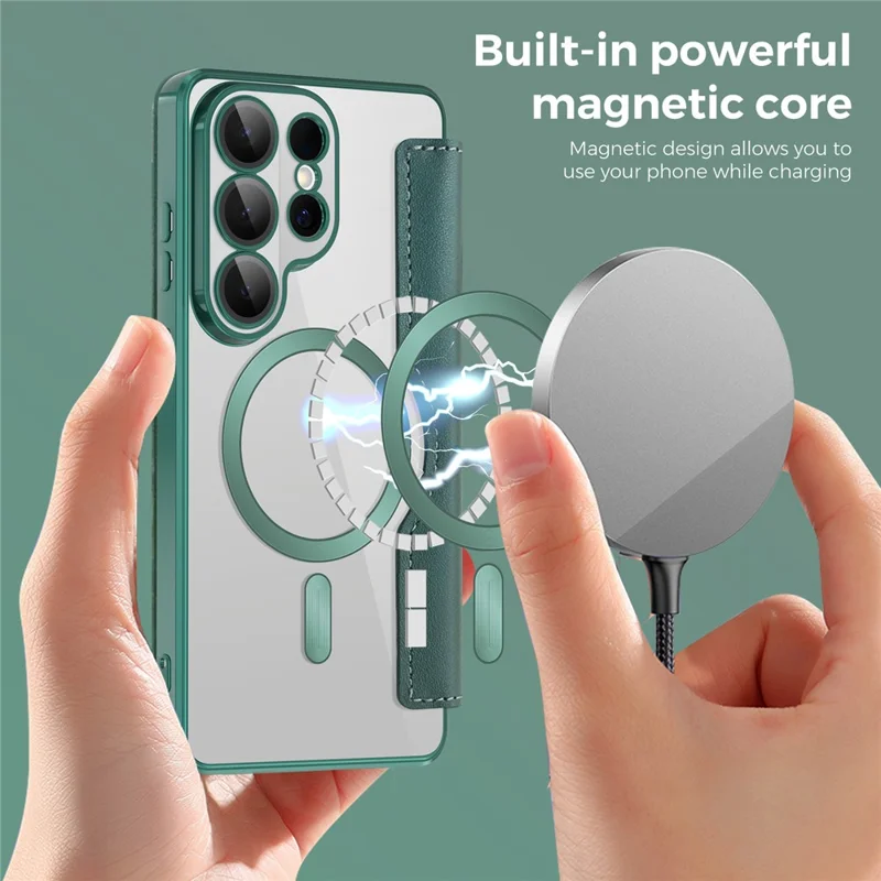 For Samsung Galaxy S26 Ultra Magnetic Case RFID Blocking Card Holder Leather Phone Cover with Lens Film - Blackish Green - 4