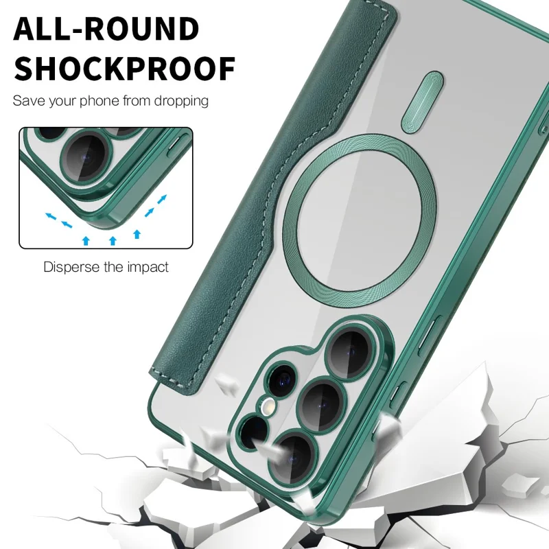 For Samsung Galaxy S26 Ultra Magnetic Case RFID Blocking Card Holder Leather Phone Cover with Lens Film - Blackish Green - 6