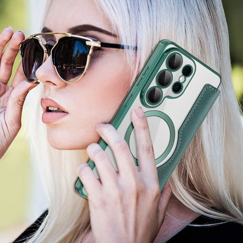 For Samsung Galaxy S26 Ultra Magnetic Case RFID Blocking Card Holder Leather Phone Cover with Lens Film - Blackish Green - 8
