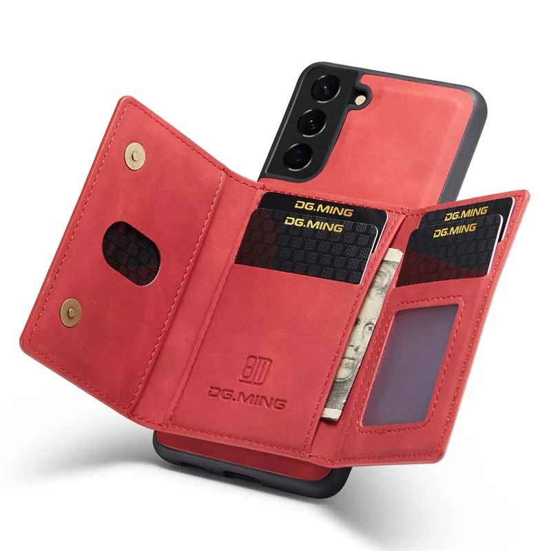 DG.MING M2 Series Phone Case for Samsung Galaxy S23+ Magnetic Closure Shockproof Case Leather Cover Kickstand Protective Case with Detachable Wallet - Red