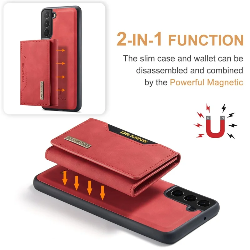 DG.MING M2 Series Phone Case for Samsung Galaxy S23+ Magnetic Closure Shockproof Case Leather Cover Kickstand Protective Case with Detachable Wallet - Red