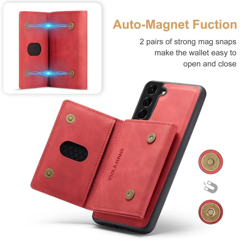 DG.MING M2 Series Phone Case for Samsung Galaxy S23+ Magnetic Closure Shockproof Case Leather Cover Kickstand Protective Case with Detachable Wallet - Red