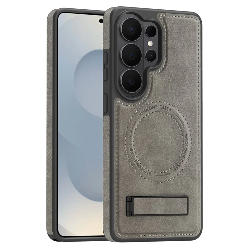 For Samsung Galaxy S26 Ultra Magnetic Case with Folded Kickstand PC Silicone Leather Phone Back Cover - Titanium Grey