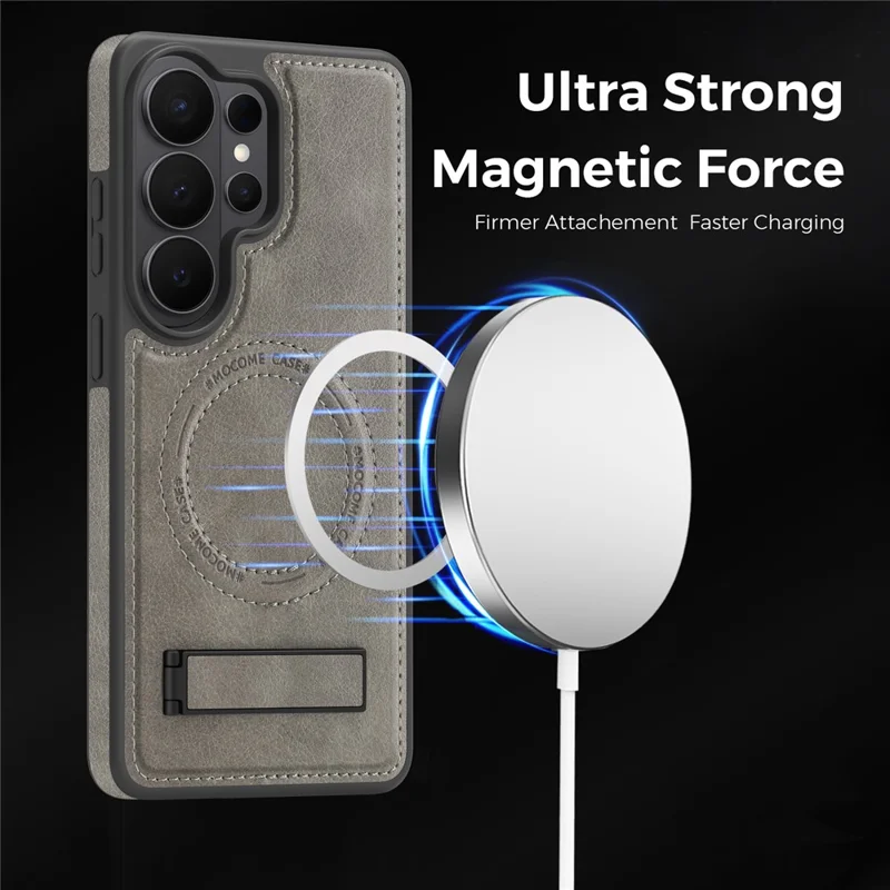 For Samsung Galaxy S26 Ultra Magnetic Case with Folded Kickstand PC Silicone Leather Phone Back Cover - Titanium Grey