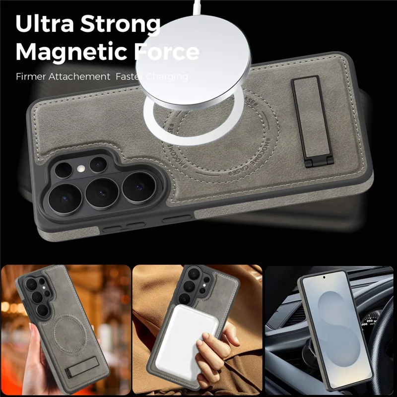 For Samsung Galaxy S26 Ultra Magnetic Case with Folded Kickstand PC Silicone Leather Phone Back Cover - Titanium Grey