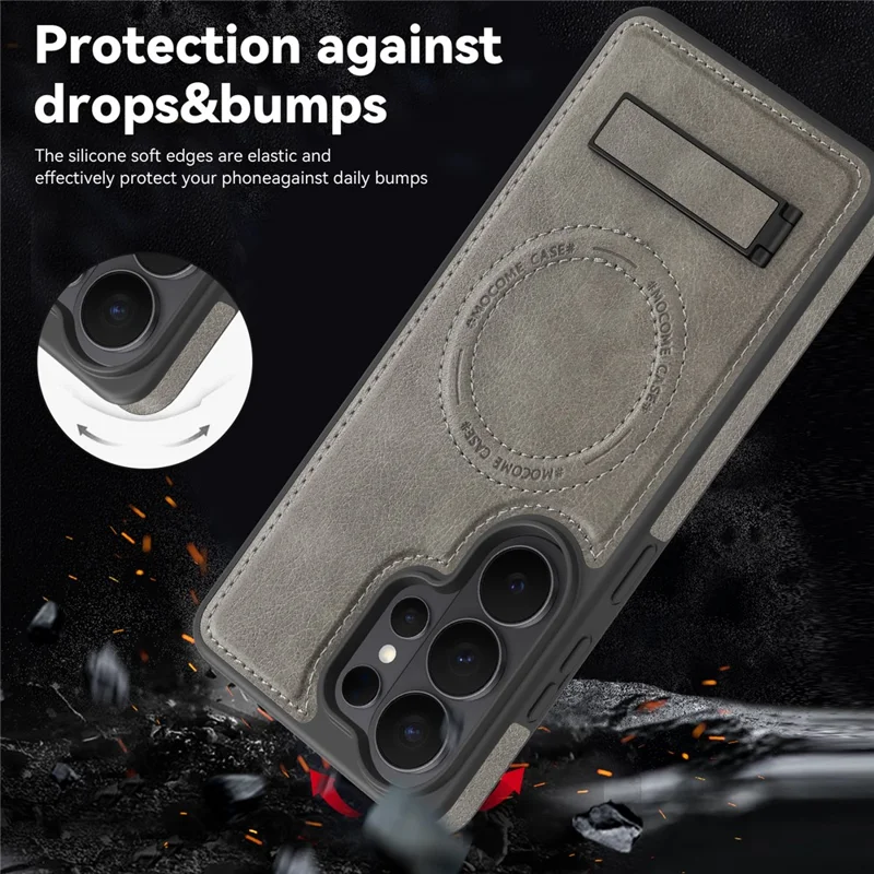 For Samsung Galaxy S26 Ultra Magnetic Case with Folded Kickstand PC Silicone Leather Phone Back Cover - Titanium Grey