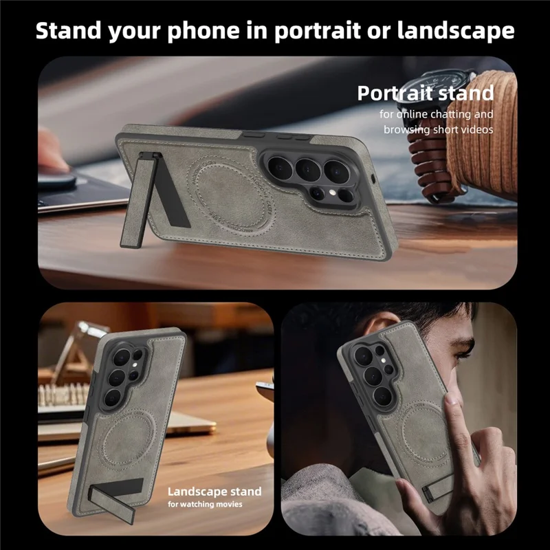 For Samsung Galaxy S26 Ultra Magnetic Case with Folded Kickstand PC Silicone Leather Phone Back Cover - Titanium Grey