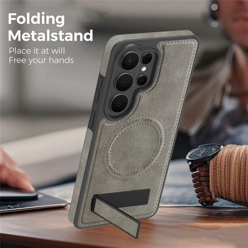 For Samsung Galaxy S26 Ultra Magnetic Case with Folded Kickstand PC Silicone Leather Phone Back Cover - Titanium Grey