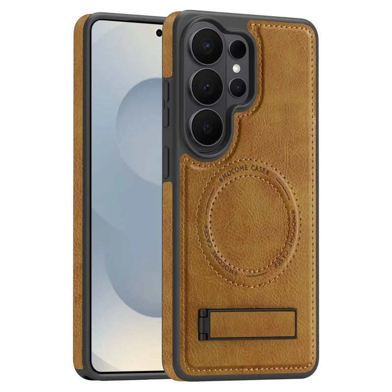 For Samsung Galaxy S26 Ultra Magnetic Case with Folded Kickstand PC Silicone Leather Phone Back Cover - Brown