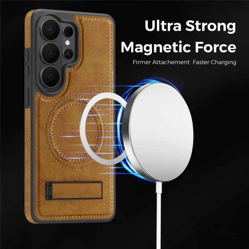 For Samsung Galaxy S26 Ultra Magnetic Case with Folded Kickstand PC Silicone Leather Phone Back Cover - Brown