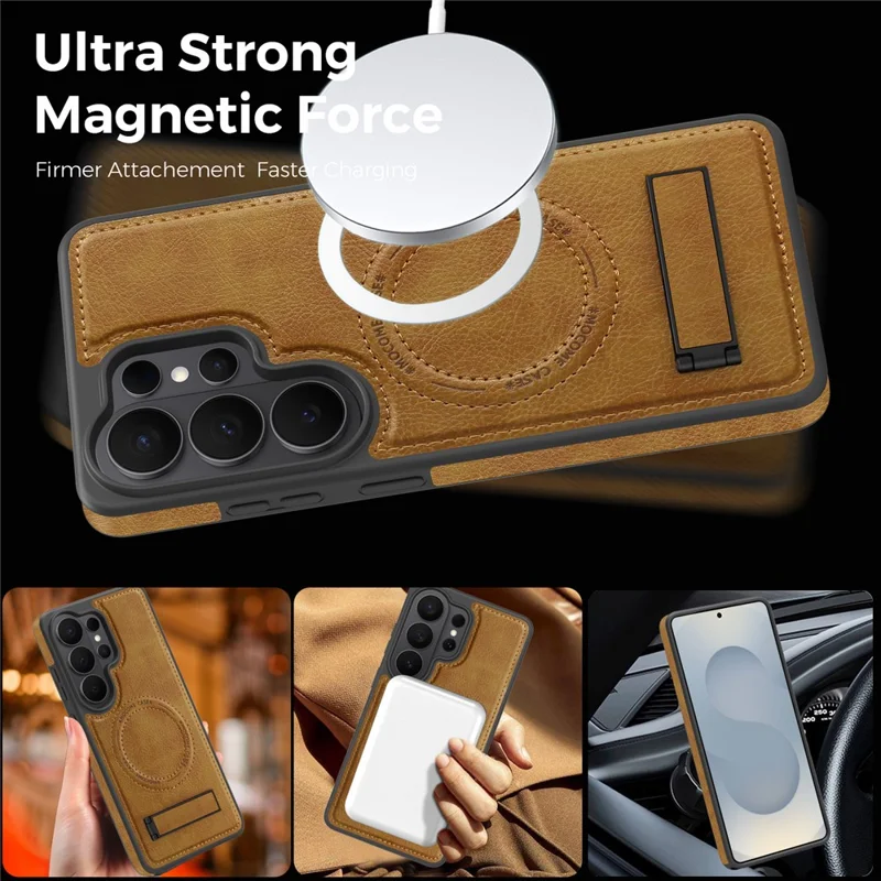 For Samsung Galaxy S26 Ultra Magnetic Case with Folded Kickstand PC Silicone Leather Phone Back Cover - Brown