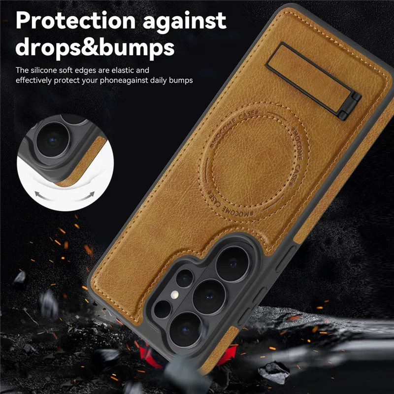 For Samsung Galaxy S26 Ultra Magnetic Case with Folded Kickstand PC Silicone Leather Phone Back Cover - Brown