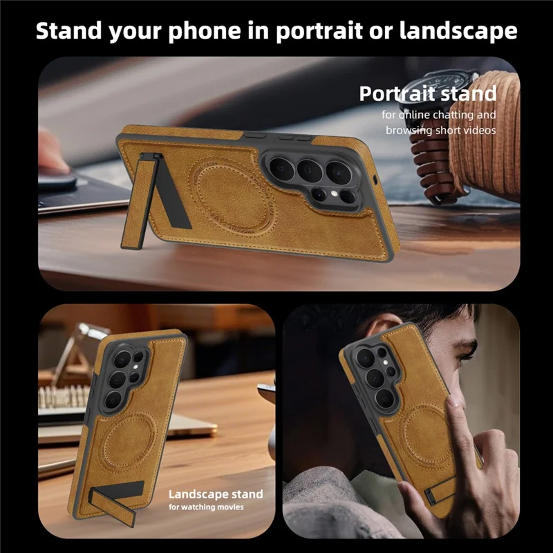 For Samsung Galaxy S26 Ultra Magnetic Case with Folded Kickstand PC Silicone Leather Phone Back Cover - Brown