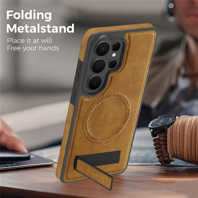 For Samsung Galaxy S26 Ultra Magnetic Case with Folded Kickstand PC Silicone Leather Phone Back Cover - Brown